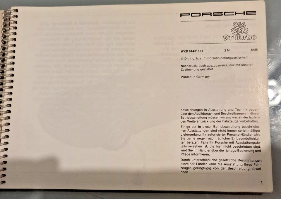 Istruzioni USE Manual Manuale Porsche 944  944 S 944 Turbo Modello 1988 Original - Immagine 2 di 4