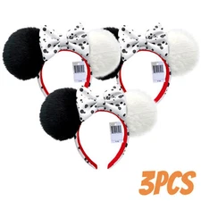 DisneyParks 101 Dalmations Cruella Faux Fur Plush Minnie Mouse Ears Headband 3PC