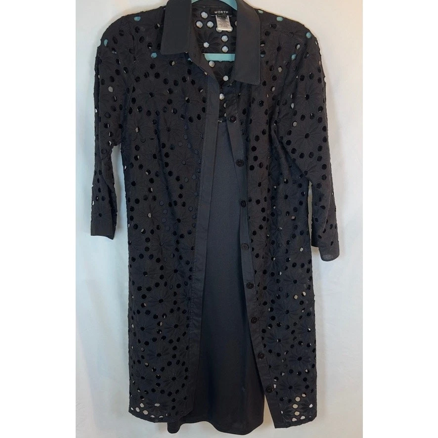 Worth New York Black Eyelet Overlay Dress Set Floral  Duster & Slip Sz 6 - Image 3 of 4