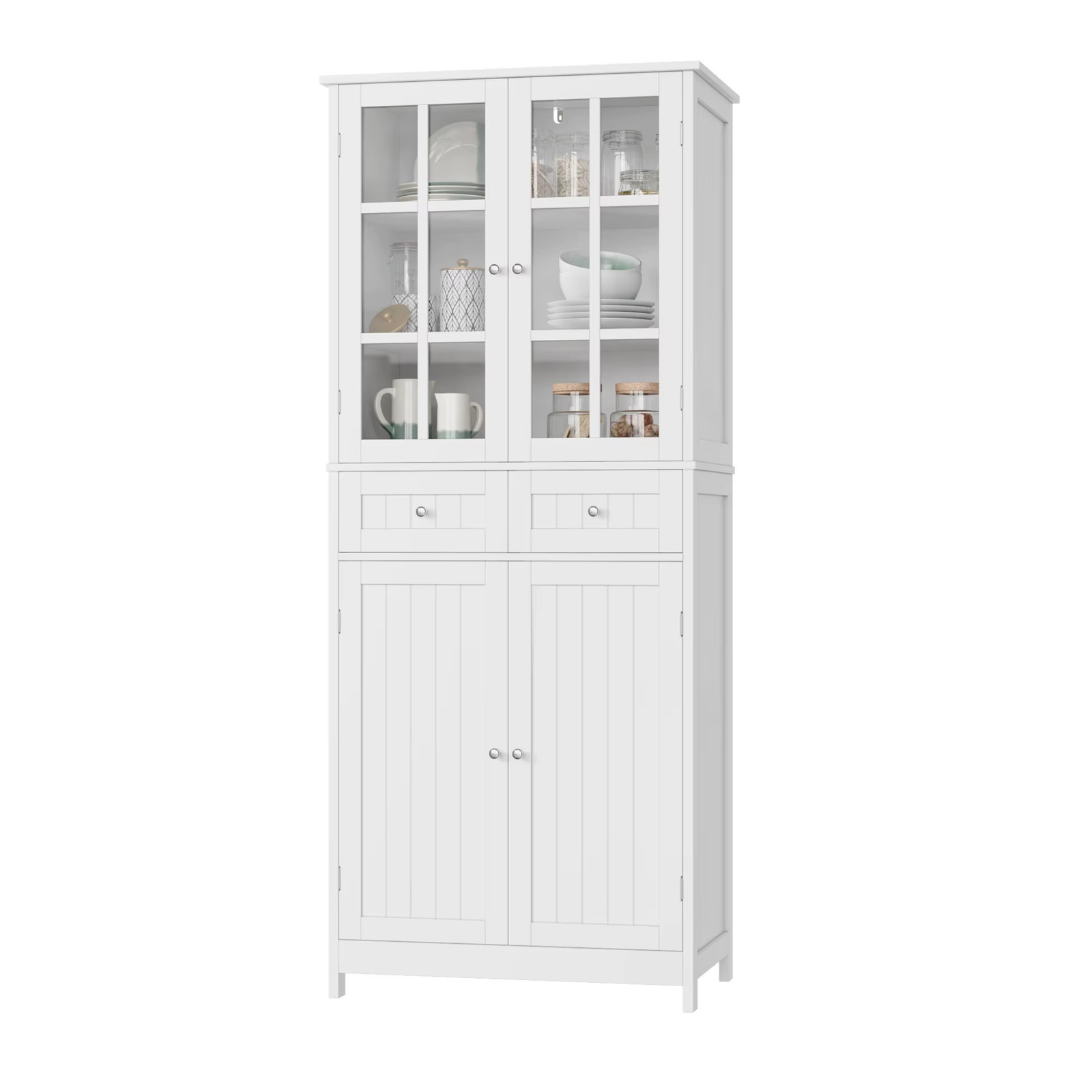Tall Kitchen Sideboard Cabinet Glass Doors Drawers Storage Unit White MDF