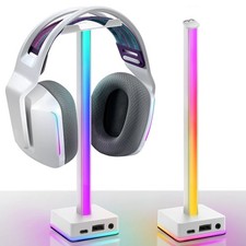 USB LED Light Bar Headphone Stand with RGB Backlight, 50 Color Modes, White