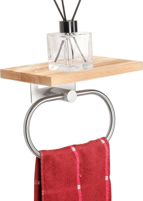 Wall-Mounted Hand Towel Holder with Wooden Shelf in Brushed Nickel Finish