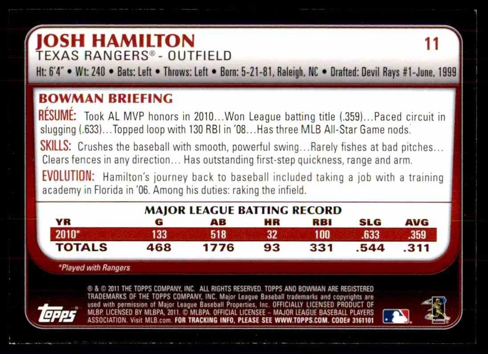 2011 Bowman Gold ! Josh Hamilton Texas Rangers #11 - Image 2 of 2