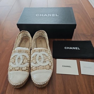CHANEL Espadrilles Flat Shoes Lace Beige White CC Logo Size 37 From Japan 