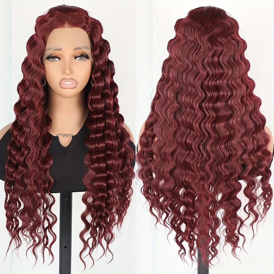 Pelucas delanteras de encaje de onda profunda 13x4 color rojo vino mujeres cabello largo rizado pre arrancado Foto 3 de 4