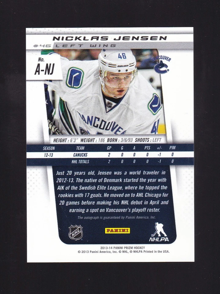 2013-14 Panini Prizm Nicklas Jensen Rookie Autograph #A-NJ Vancouver Canucks - Image 2 of 2