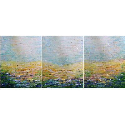 Summer Coastal Landscape Triptych Original Painting Set 48x20 Textured