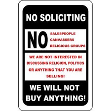 No soliciting no salespeople no religious groups 8" x 12" Aluminum Sign USA