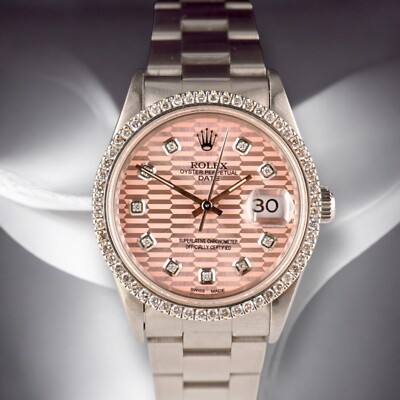 Rolex Date 34mm Ladies 1ct Prong Pink Motif Diamond Dial Steel Watch 15000
