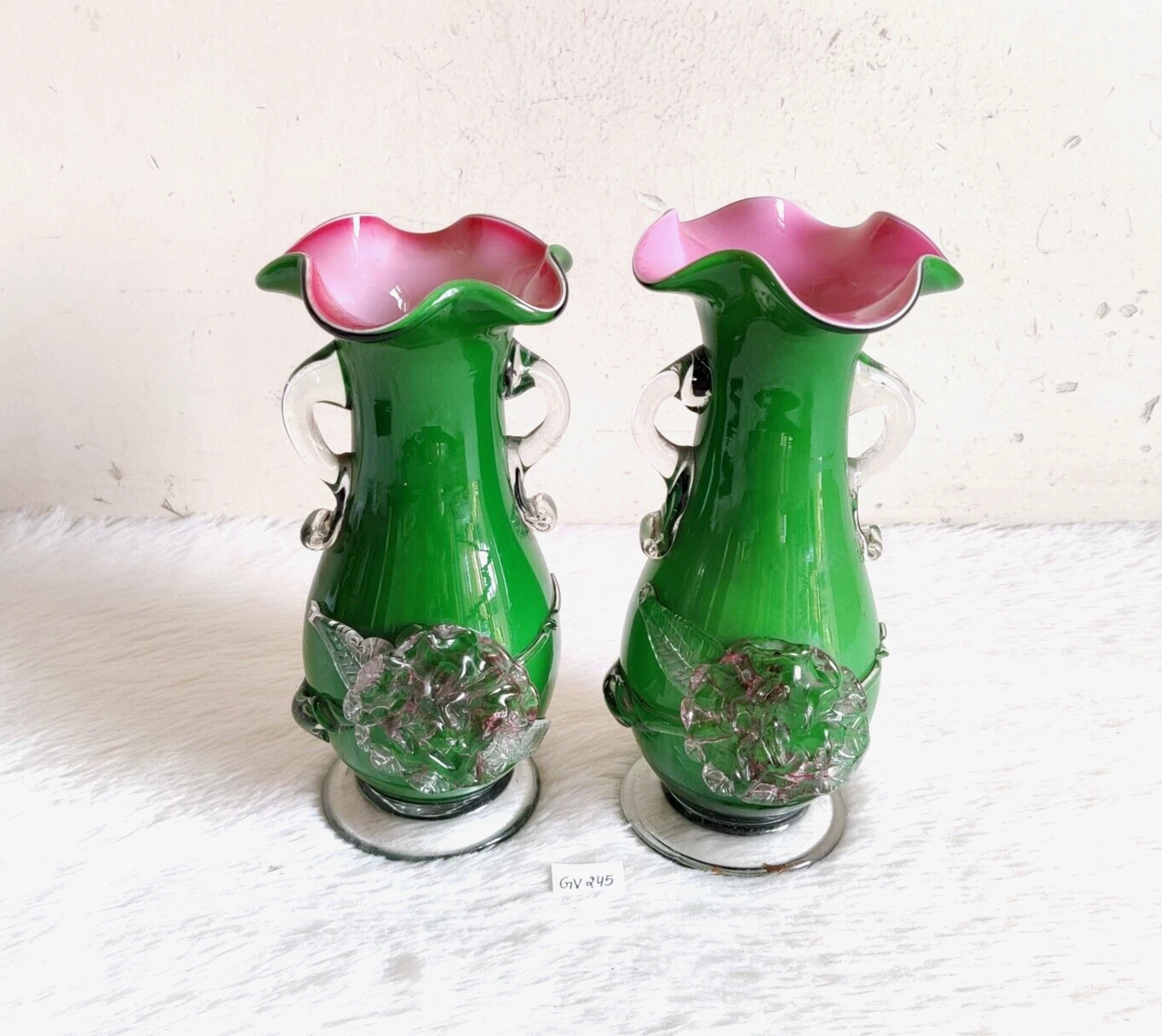 Antico Handmade Verde Rosa Floreale Vetro Pontil Mark Vaso Paio Decorativi GV245