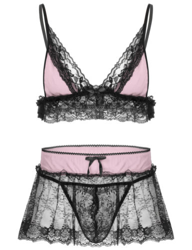 Männer Sissy Spitze Lingerie Set BH mit Mini Rock und String Slip Reizwäsche - Bild 54 von 72
