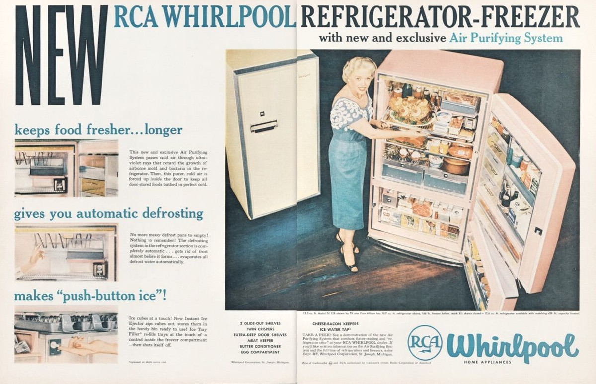1957 RCA Whirlpool Refrigerator Freezer 2 Page Vintage Print Ad