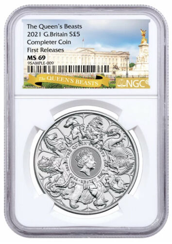 2021 Grande-Bretagne 2 oz Silver Queen's Beasts Complet pièce de 5 £ NGC MS69 FR - Photo 1/2