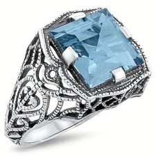 DECO ANTIQUE STYLE 925 STERLING SILVER 4.5 CARAT SIMULATED AQUAMARINE RING 317Z