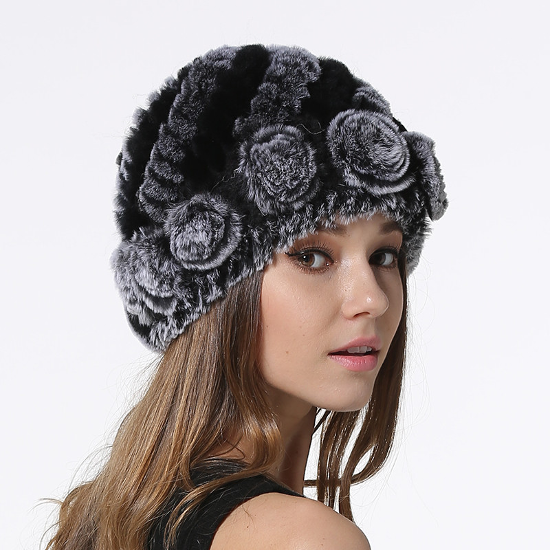 KAISHIN Women's Winter Real Rex Rabbit Fur Hat - Floral Rose Beanie With Knit Lining, Free Size (Up To 56cm)