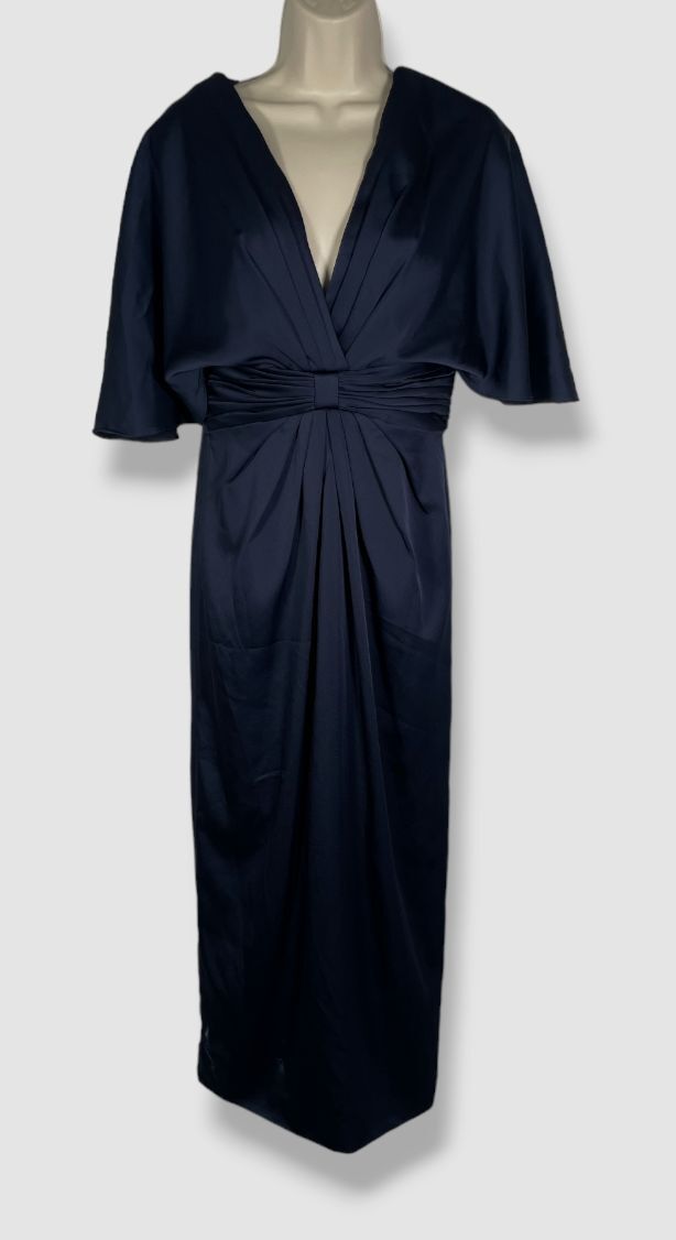 $695 Theia Women Blue Lucia V-Neck Gathered Waist Kimono A-Line