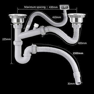 Kitchen Double Sink Drain Kit Waste Strainer Basket S Trap Sink Drainer Pipe Ebay