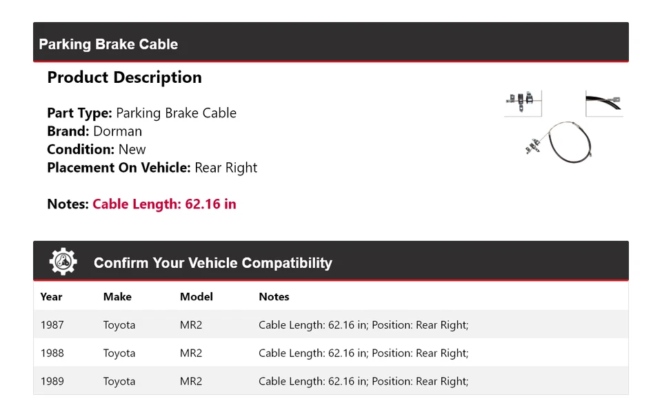 For 1987-1989 Toyota MR2 Dorman Parking Brake Cable Rear Right 1988 - Image 2 of 4