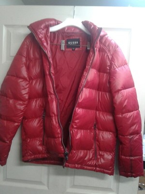 guess red puffer jacket