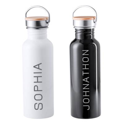 PERSONALISIERTE Metall & Holz Trinkflasche 800ml Modern Getränke Flachmann Schwarz / Weiß