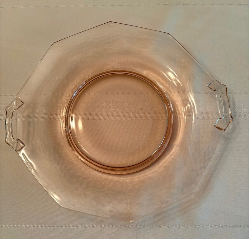 Vintage  Pink Octagon Handled  Serving Plate Depression Glass Dish 10 inch Etche