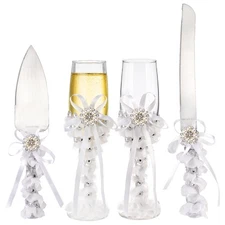 Best Frcctre Set of 4 Wedding Cake Knife and Server with Champagne Flutes Pearl