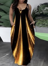 Black Gold Strappy Sleeveless Maxi Dress with Pockets V-Neck Party Long
