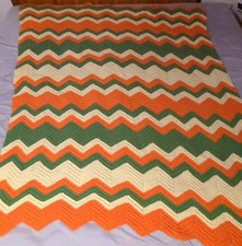 Vintage Handmade Crochet Blanket Throw Afghan Striped Zig Zag Granny 72" X 54"