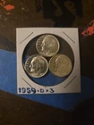 1959-D Roosivelt Dimes × 3.  Uncirculated And Ungraded, You Get 3 Silver Coins.