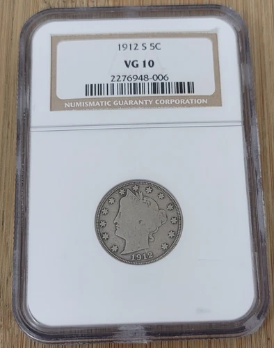 1912-S NGC Graded VG 10 United States Liberty Nickel 5c 1912 - S