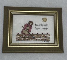 VTG Framed Cross Stitch Friend Wall Art Friendship Needle Point Gold Frame 9x7