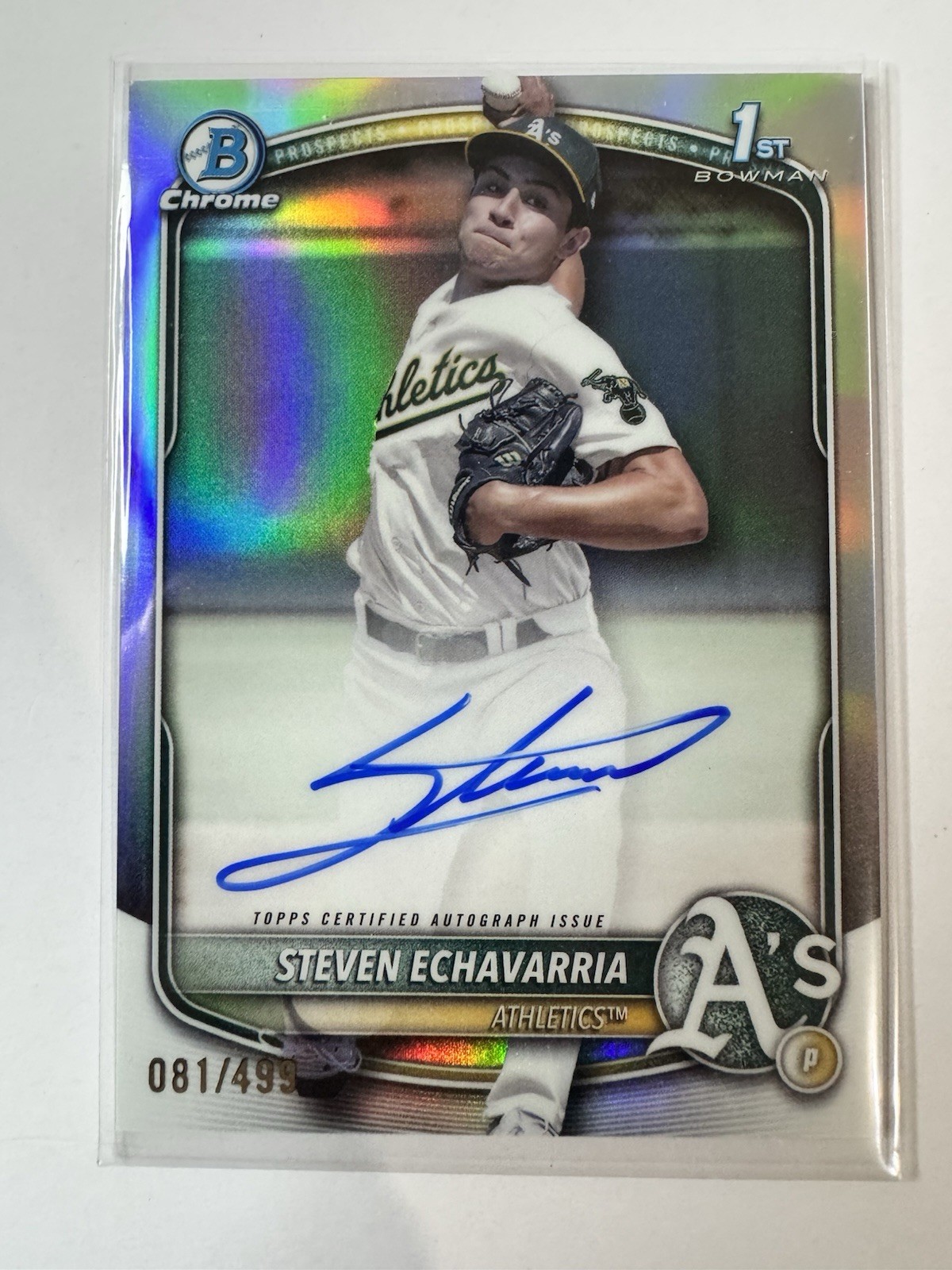 Steven Echavarria 1st 2025 Bowman Chrome Prospect Refractor Auto /499  A’s RC