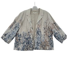Coldwater Creek Jacket L 100 Linen Beige Blue Brown Abstract Print Business