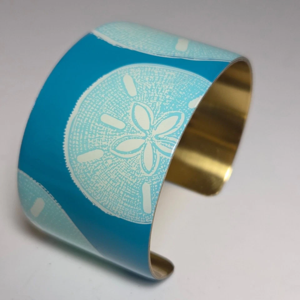 Brazalete MudPie Aqua Turquesa Azul Tono Dorado Grueso Abierto Dólar de Arena Playa Foto 3 de 4