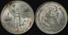 Lot of 2x CH BU SILVER Mexico Coins: 1985 One Onza & 1964 Mo One Peso