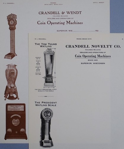 Crandell Novelty Co +1920s Crandell & Wendt Coin Op Letterheads Superior WI B7S1