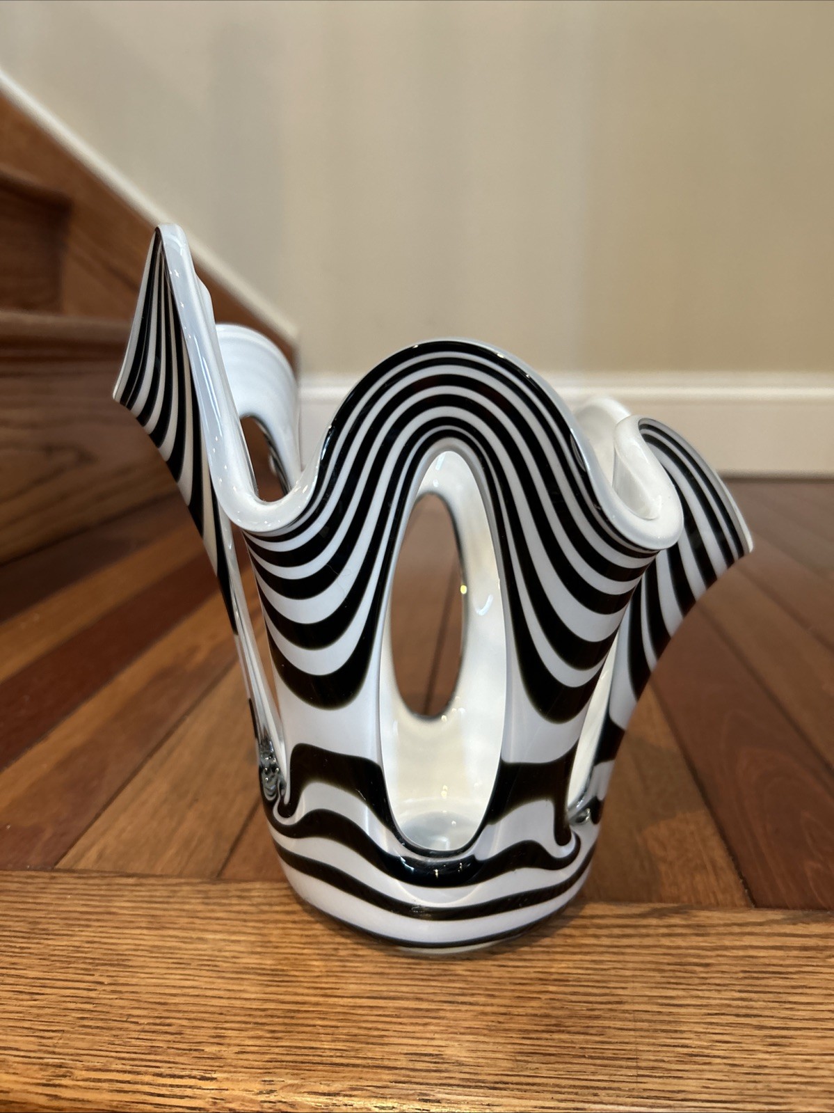 MCM Zorza Art Glass/Candle Holder Hand Made In Poland Black & White Zebra Swirl