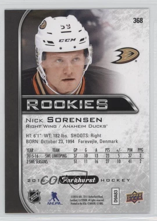 2016-17 Upper Deck Parkhurst Black Nick Sorensen #368 Rookie RC - Image 2 of 2