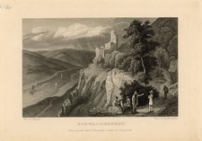 Hessen Schwalbennest Burgruine Neckarsteinach Ansicht Stahlstich L. Hoffmeister