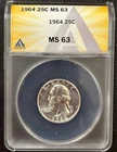 1964 Washington Quarter 25C 90% Silver- ANACS MS63 - All White (#687)