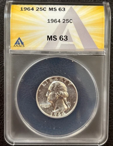 1964 Washington Quarter 25C 90% Silver- ANACS MS63 - All White (#687)