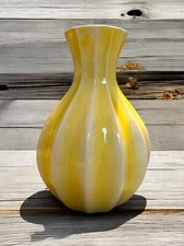 Vintage FTD Canary Yellow Fluted Bohemian Ceramic Floral Vase 1980's