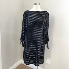 Tahari ASL Womens 14 Black Square Dots Shift Dress Tie Cuffs Boat Neck