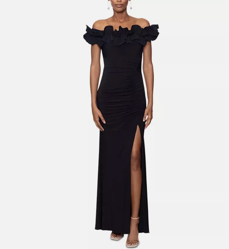Xscape Black Ruffle Off the Shoulder Scuba Crepe Gown Size 12 $258 New With Tags
