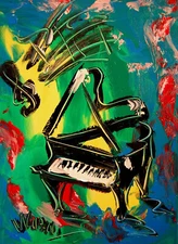 GRAND PIANO   Modern Abstract BLUE CITY   Original Oil Painting  IMPRESSIONIST