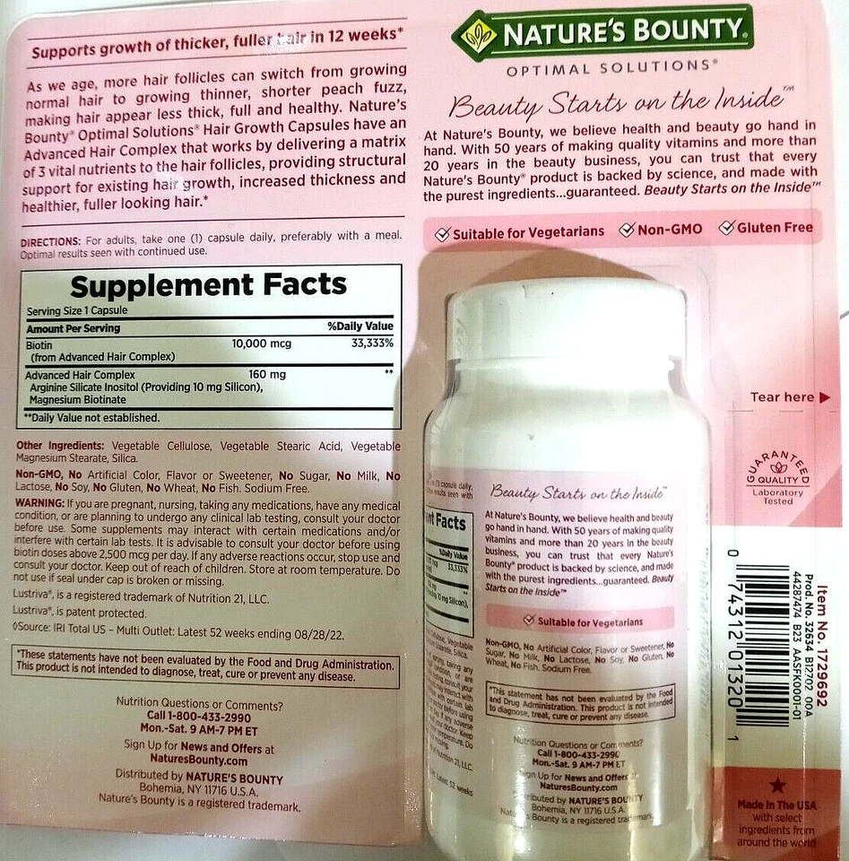 Nature's Bounty Optimal Solutions Crecimiento del cabello uno por día 90 cápsulas EXP 02/2026 Foto 2 de 2