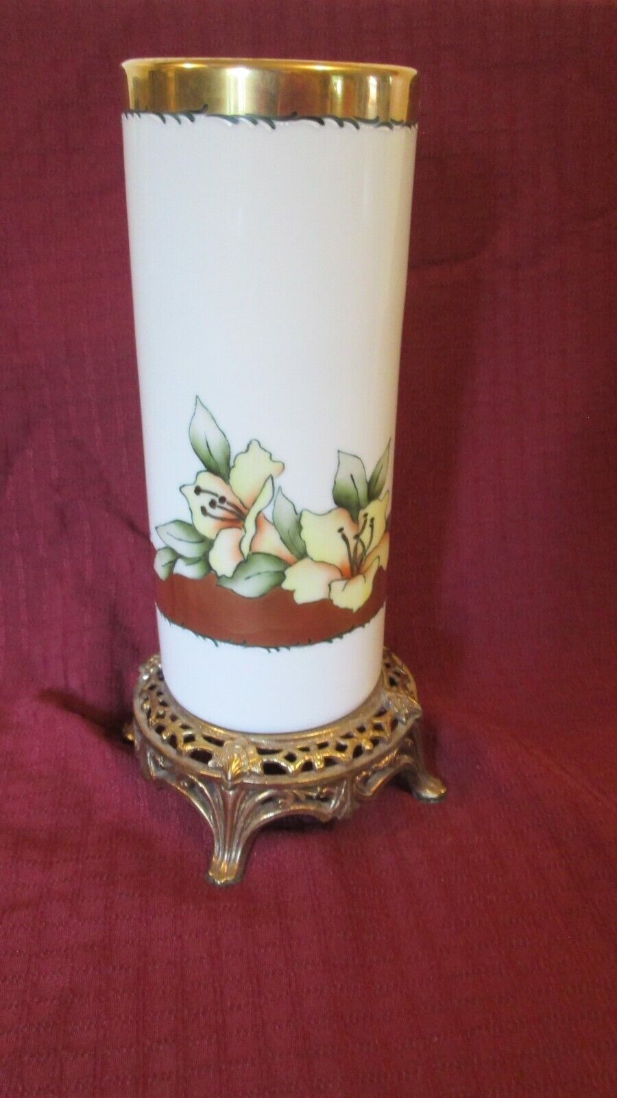 Antique China Porcelain Vase White Floral Cast Metal Base Lilies Art Nouveau