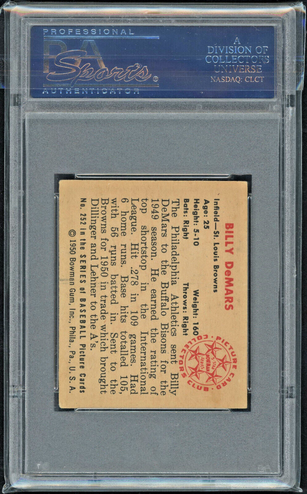 1950 Bowman 252 Billy DeMars St Louis Browns PSA 5 Vintage Baseball Card view 3