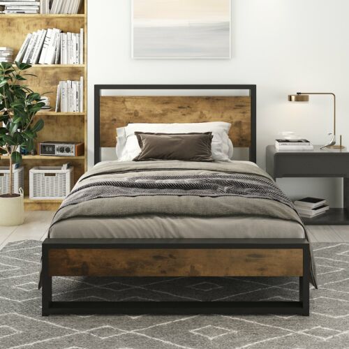 Platform Bed Frame With Wood Headboard, Grey Wood Headboard Twin Size