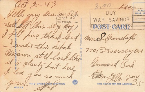 Leinen Postkarte ~ Miami Beach, Florida ~ geschäftige Strandszene ~ 1943 kostenlose Militärfrankatur - Bild 2 von 2